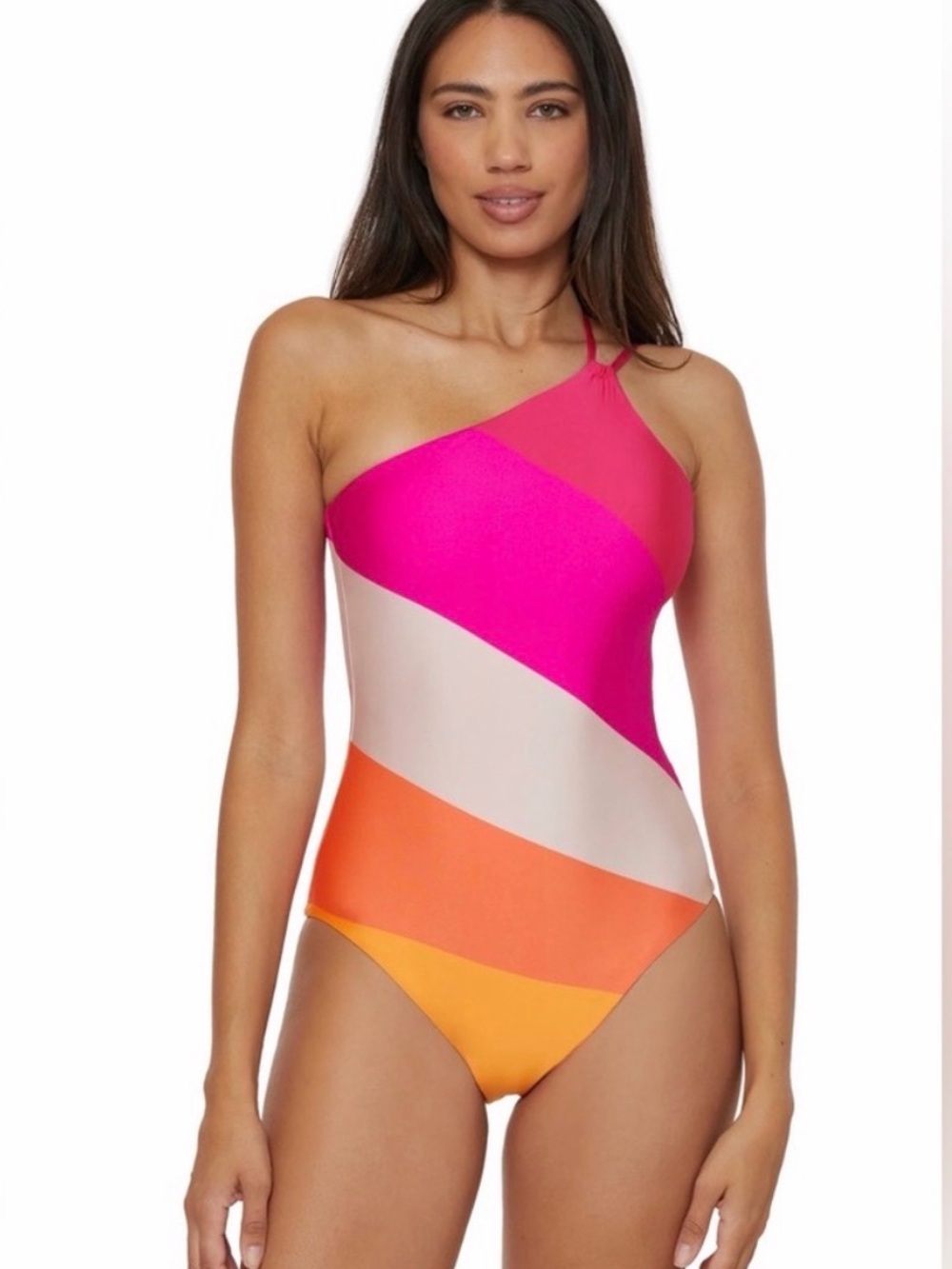 Designer Trina Turk Women's One-Shoulder Sunrise Colorblock Swimsuit in Pink